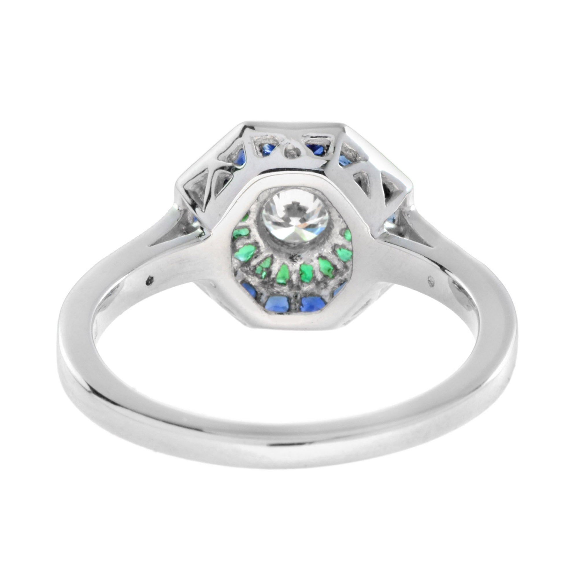 Round Diamond with Emerald &amp; Blue Sapphire Double Halo Set 14K White Gold Ring