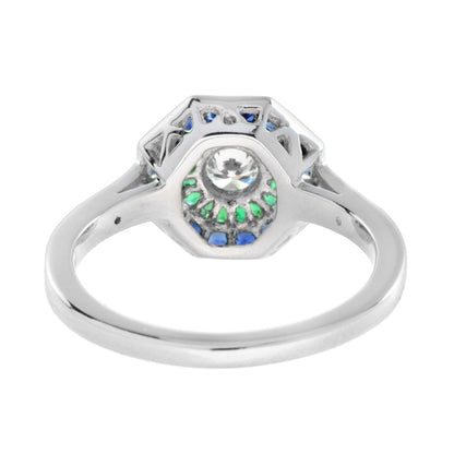 Round Diamond with Emerald &amp; Blue Sapphire Double Halo Set 14K White Gold Ring