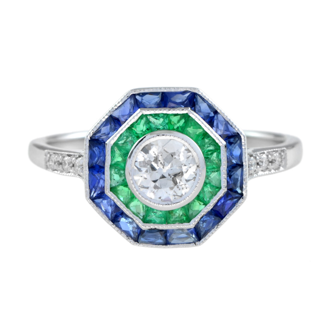 Art Deco Style Diamond with Blue Sapphire & Green Emerald Halo White Gold Ring