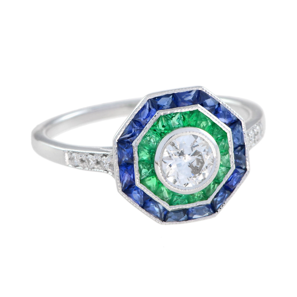 2.48 ctw Art Deco Style Blue Sapphire Emerald & Diamond Double Halo Ring White Gold
