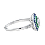 Art Deco Style Diamond with Blue Sapphire & Green Emerald Halo White Gold Ring