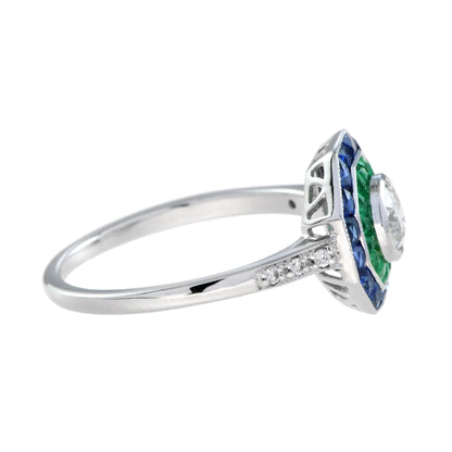 Art Deco Style Diamond with Blue Sapphire & Green Emerald Halo White Gold Ring