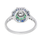 Art Deco Style Diamond with Blue Sapphire & Green Emerald Halo White Gold Ring