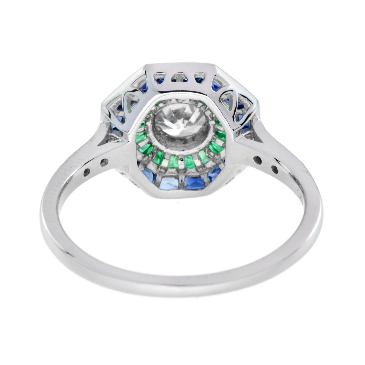 art deco style diamond with blue sapphire & green emerald halo white gold ring