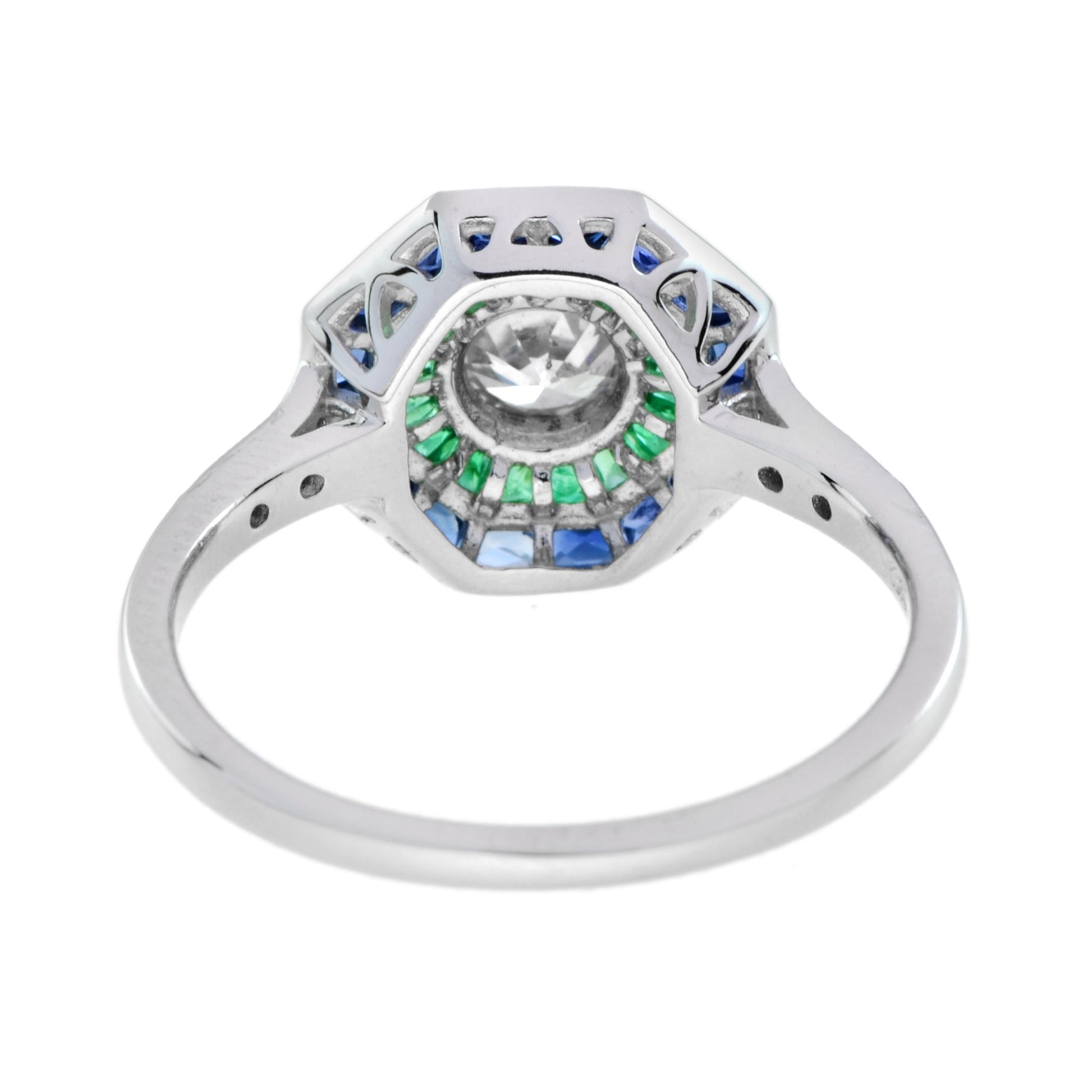 Art Deco Style Diamond with Blue Sapphire & Green Emerald Halo White Gold Ring