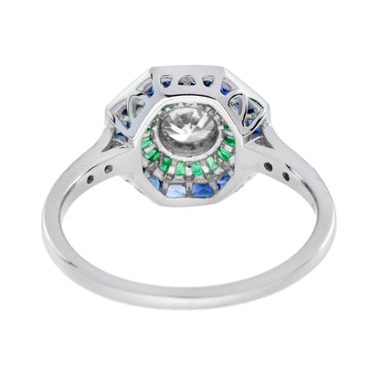 Art Deco Style Diamond with Blue Sapphire & Green Emerald Halo White Gold Ring