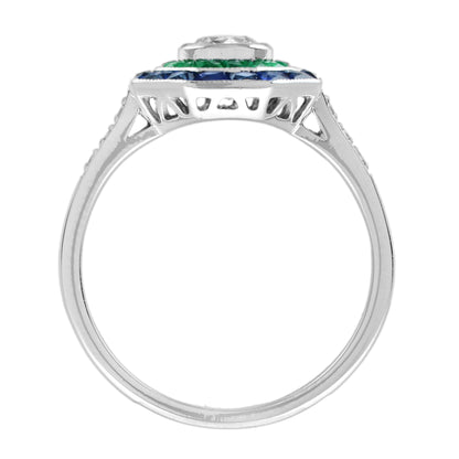 Art Deco Style Diamond with Blue Sapphire & Green Emerald Halo White Gold Ring