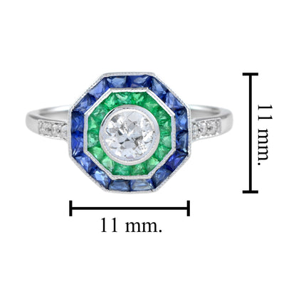 Art Deco Style Diamond with Blue Sapphire & Green Emerald Halo White Gold Ring