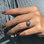 Art Deco Style Diamond with Blue Sapphire & Green Emerald Halo White Gold Ring