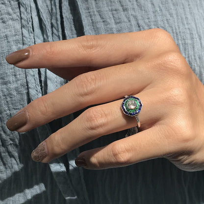 Art Deco Style Diamond with Blue Sapphire & Green Emerald Halo White Gold Ring