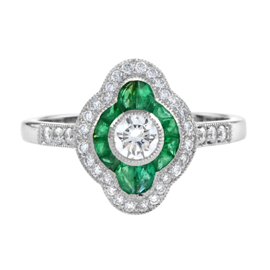 Art Deco Style Diamond & Green Emerald Halo Set Engagement 14K White Gold Ring