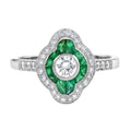 Art Deco Style Diamond & Green Emerald Halo Set Engagement 14K White Gold Ring