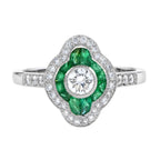 Art Deco Style Diamond & Green Emerald Halo Set Engagement 14K White Gold Ring