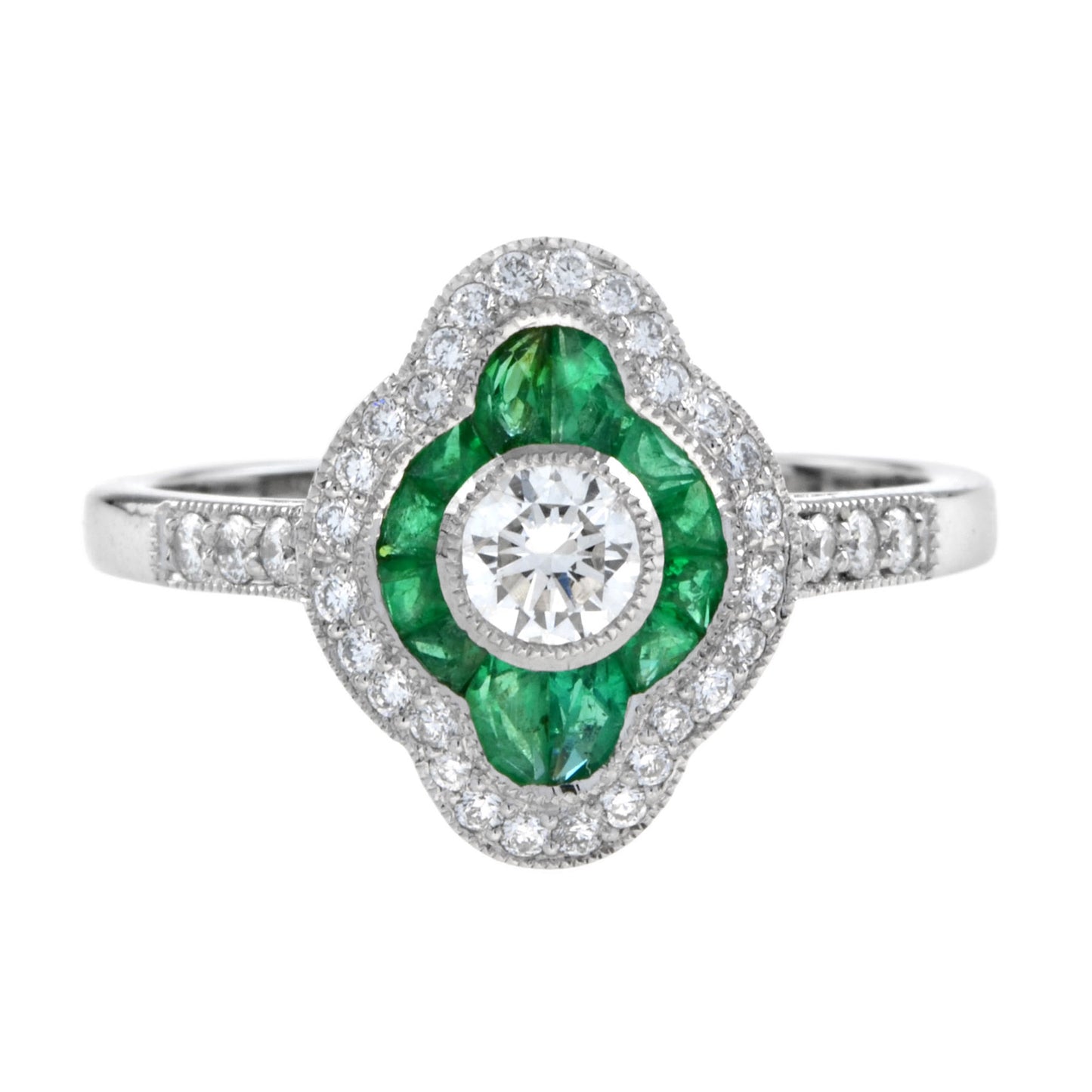 art deco style diamond & green emerald halo set engagement 14k white gold ring