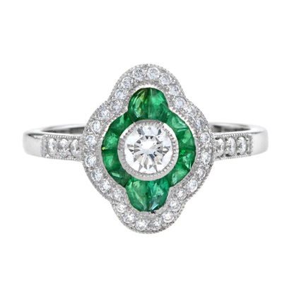 Art Deco Style Diamond & Green Emerald Halo Set Engagement 14K White Gold Ring