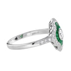 Art Deco Style Diamond & Green Emerald Halo Set Engagement 14K White Gold Ring
