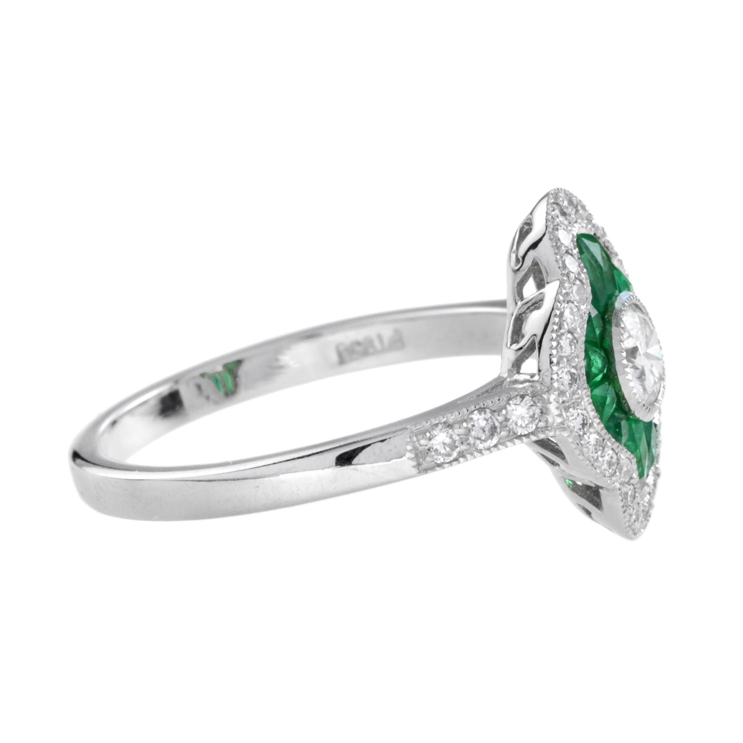 art deco style diamond & green emerald halo set engagement 14k white gold ring