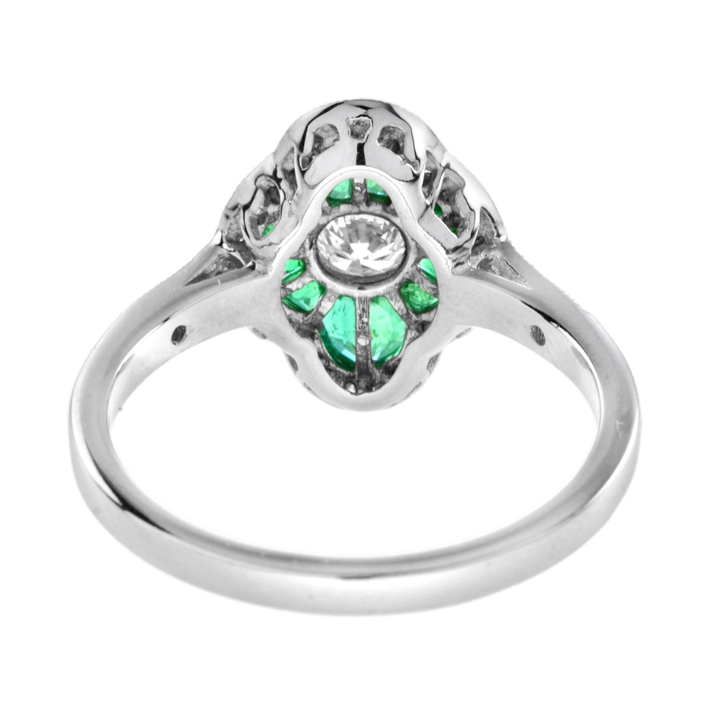 art deco style diamond & green emerald halo set engagement 14k white gold ring