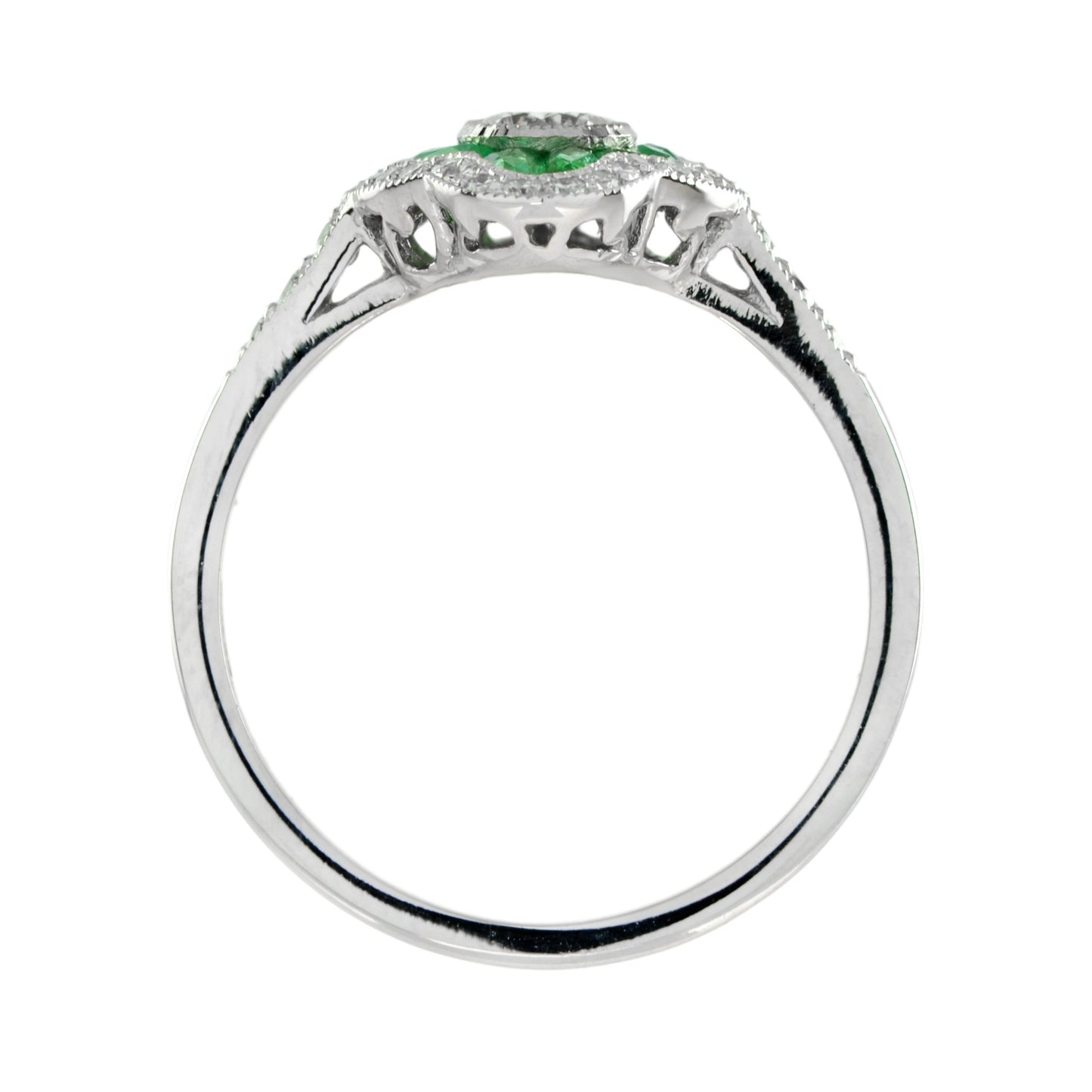 art deco style diamond & green emerald halo set engagement 14k white gold ring