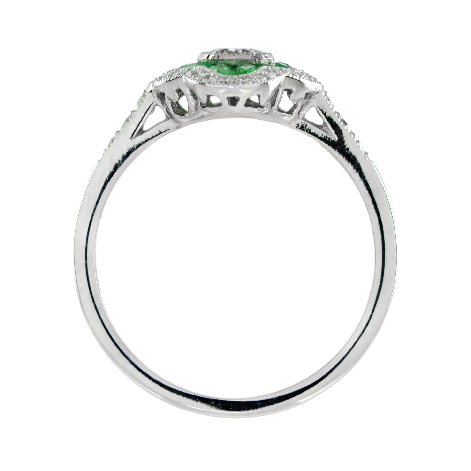 Art Deco Style Diamond & Green Emerald Halo Set Engagement 14K White Gold Ring