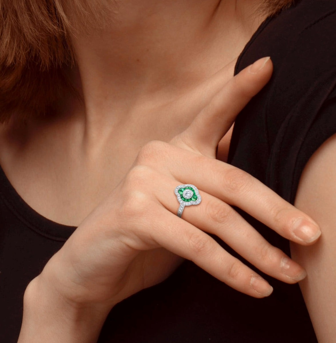 art deco style diamond & green emerald halo set engagement 14k white gold ring