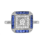 Diamond & Blue Sapphire Art Deco Style Engagement 14K White Gold Ring