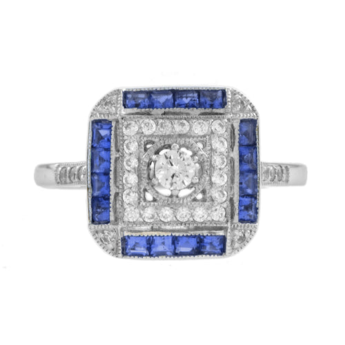 Diamond & Blue Sapphire Art Deco Style Engagement 14K White Gold Ring