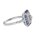 Diamond & Blue Sapphire Art Deco Style Engagement 14K White Gold Ring