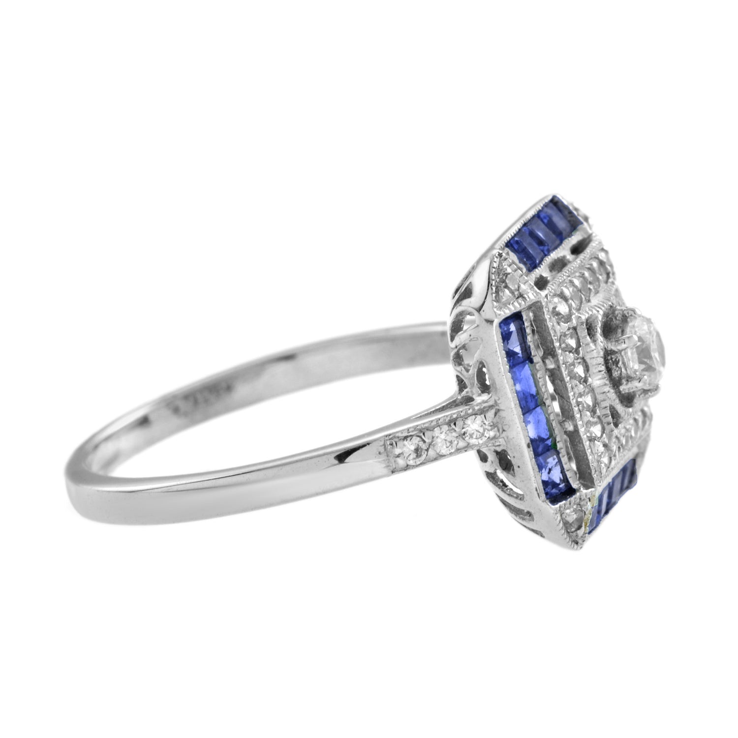 Diamond &amp; Blue Sapphire Art Deco Style Engagement 14K White Gold Ring