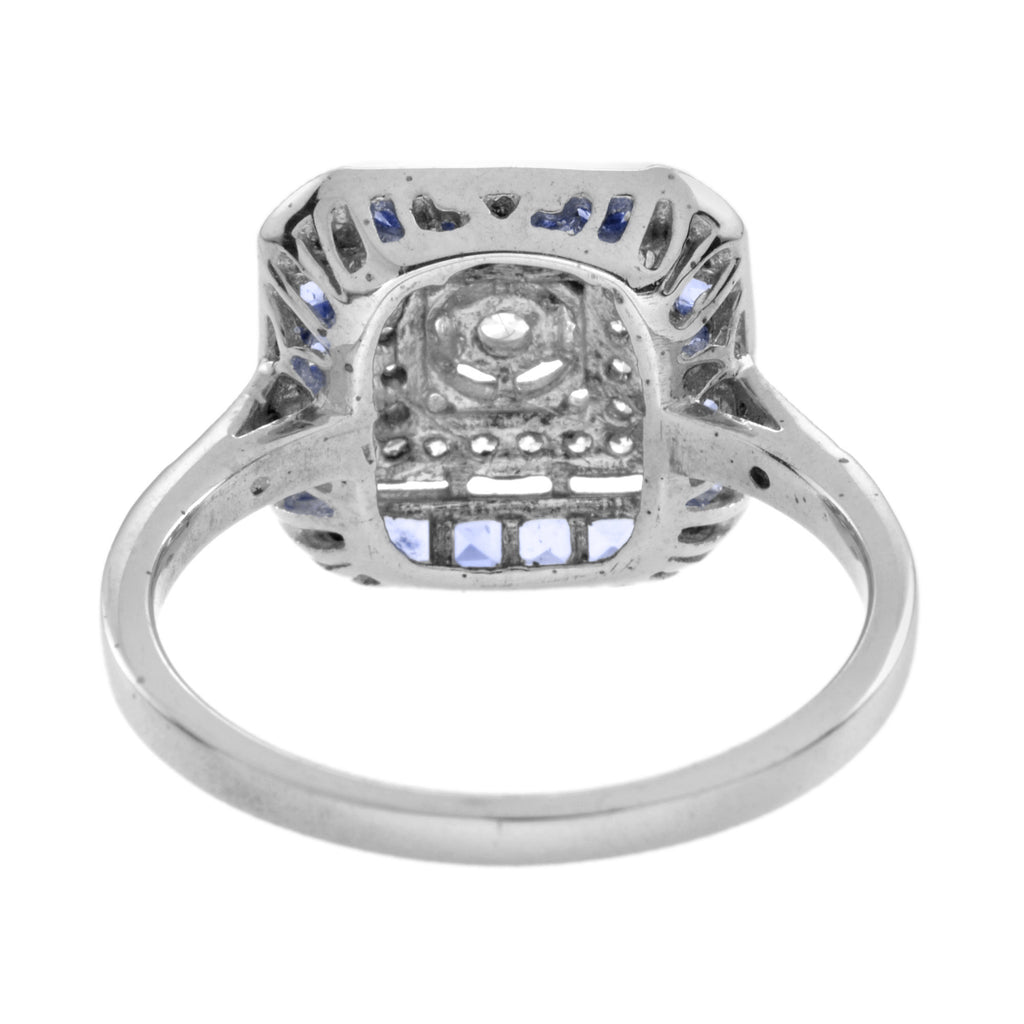 Diamond & Blue Sapphire Art Deco Style Engagement 14K White Gold Ring
