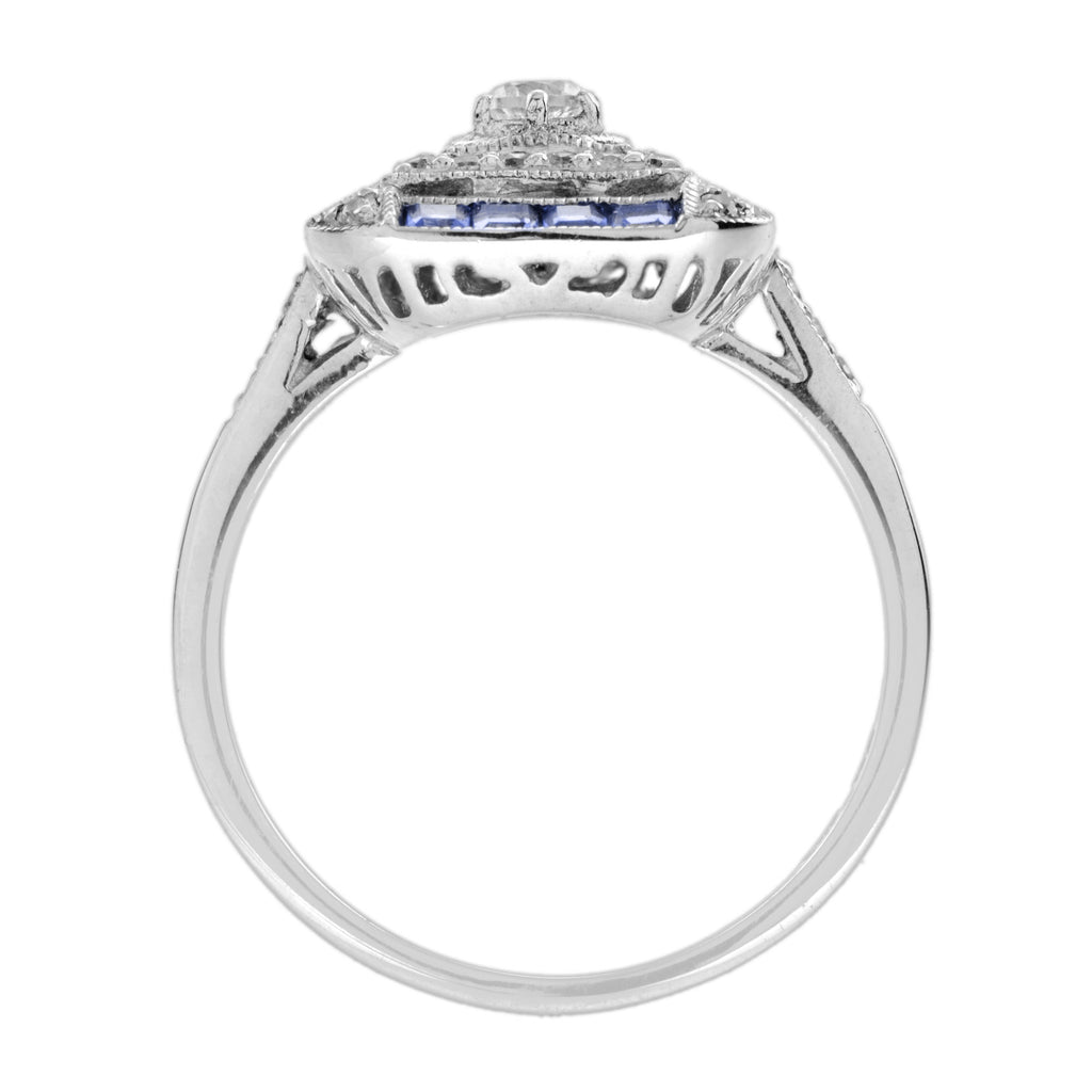 Diamond & Blue Sapphire Art Deco Style Engagement 14K White Gold Ring