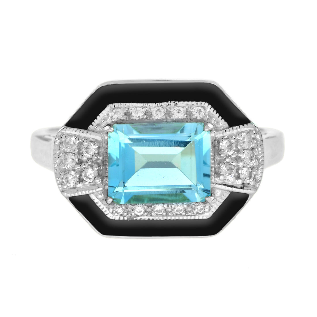 Art Deco Style Octagon Sky Blue Topaz & Diamond Black Enamel White Gold Ring