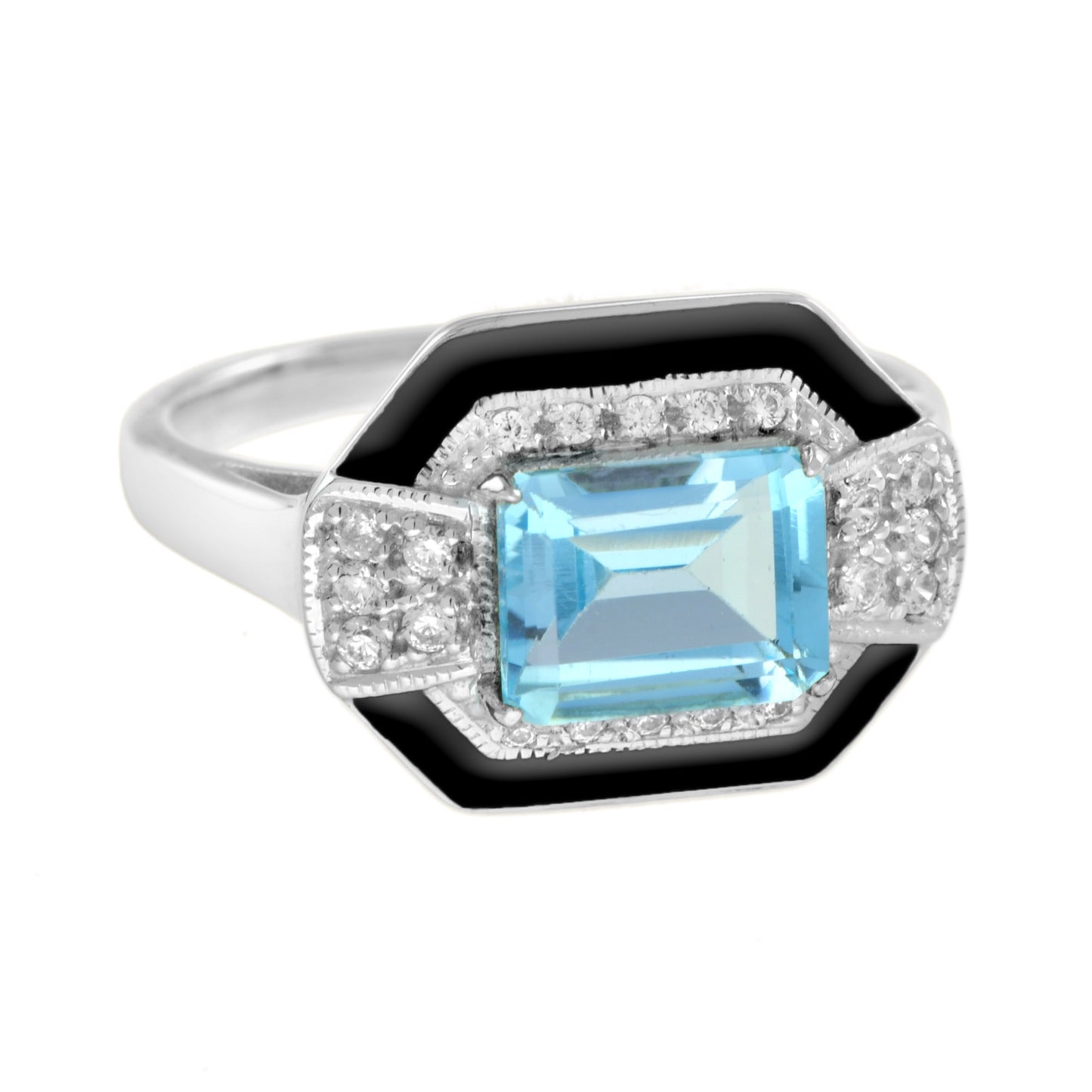 art deco style octagon sky blue topaz & diamond black enamel white gold ring