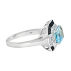 Art Deco Style Octagon Sky Blue Topaz & Diamond Black Enamel White Gold Ring
