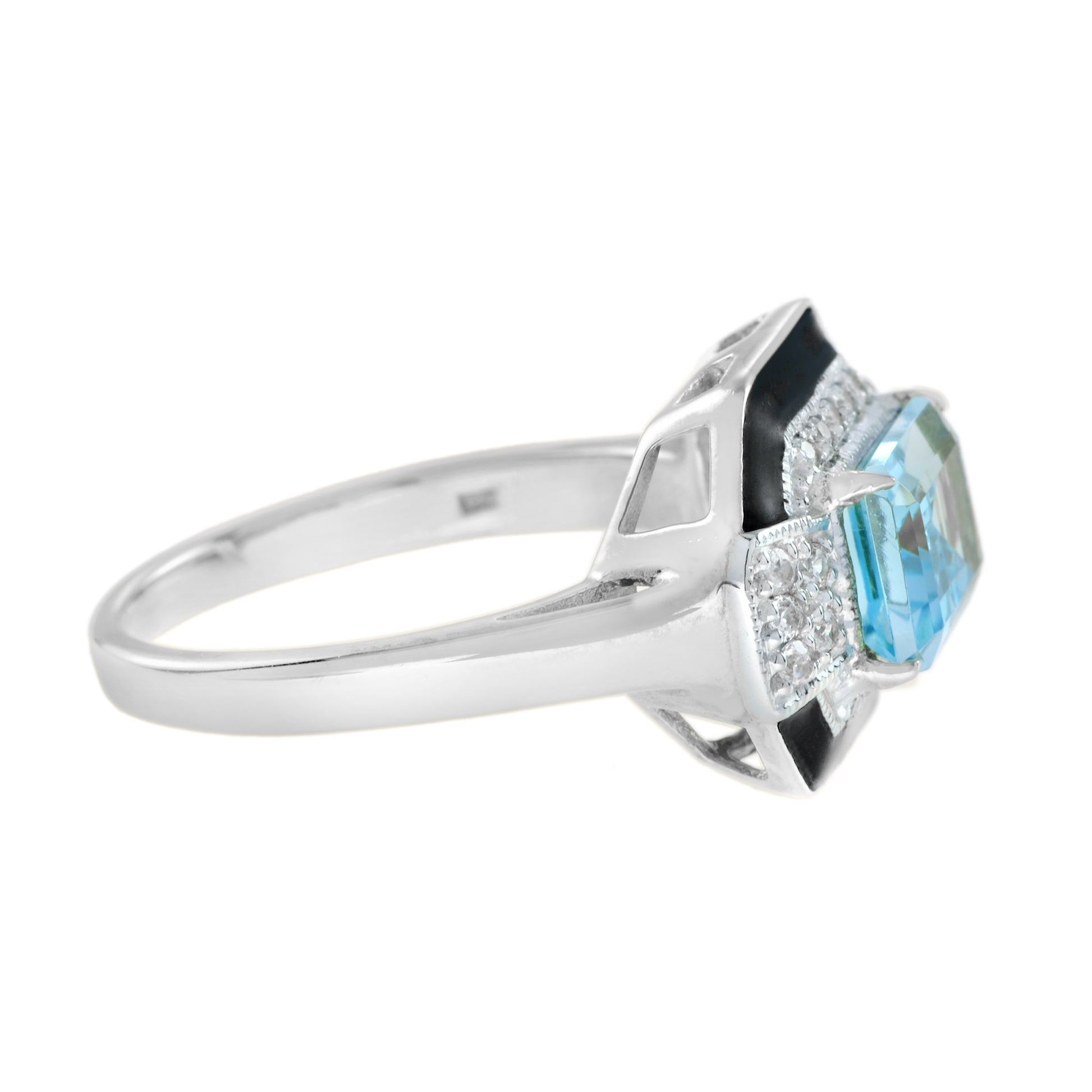Art Deco Style Octagon Sky Blue Topaz & Diamond Black Enamel White Gold Ring