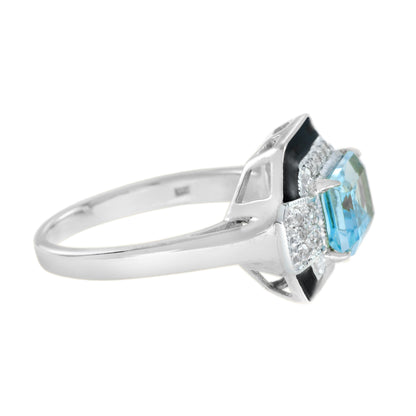 Art Deco Style Octagon Sky Blue Topaz & Diamond Black Enamel White Gold Ring