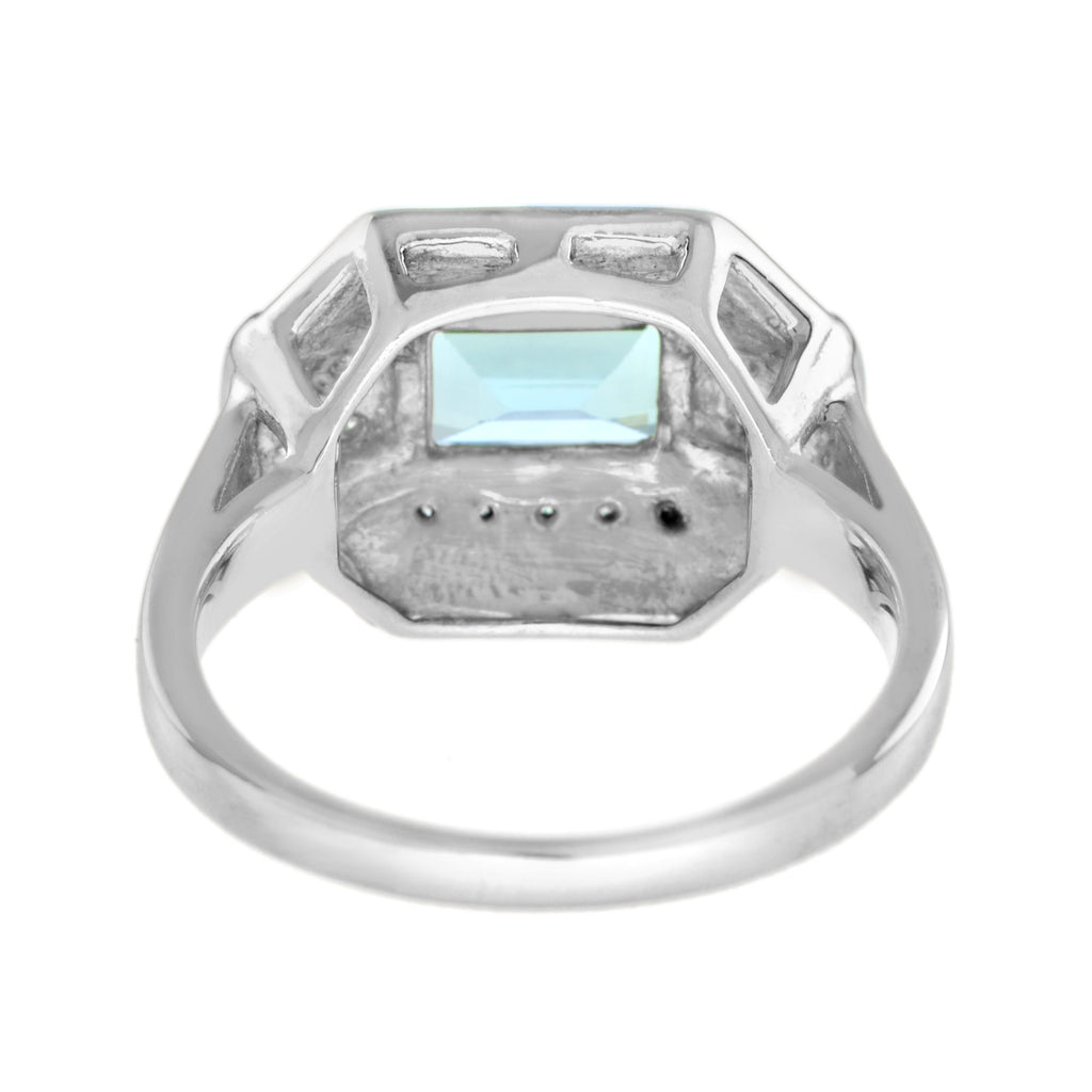 2.15 ctw Art Deco Style Sky Blue Topaz & Diamond Octagon Black Enamel 14K White Gold Ring
