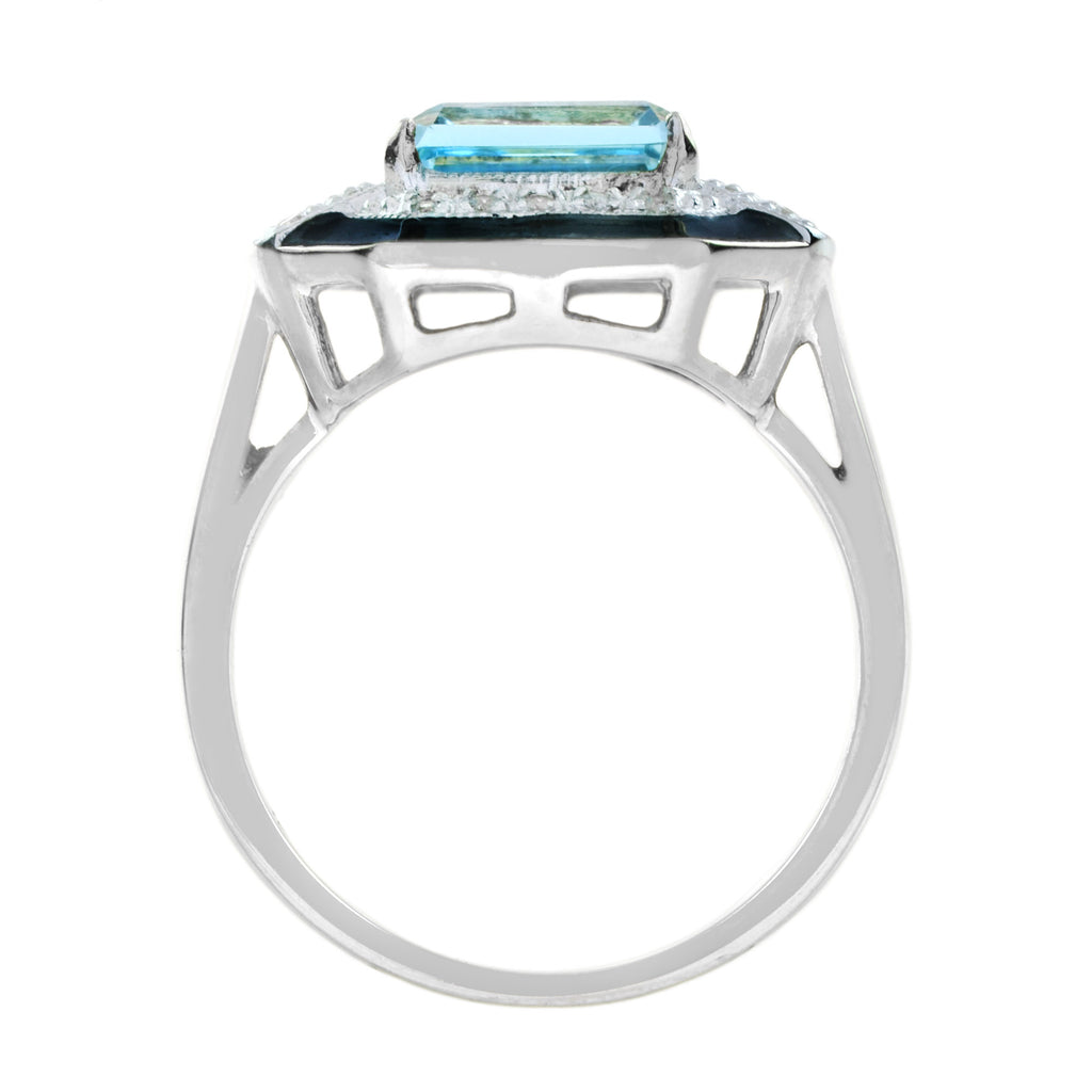 2.15 ctw Art Deco Style Sky Blue Topaz & Diamond Octagon Black Enamel 14K White Gold Ring