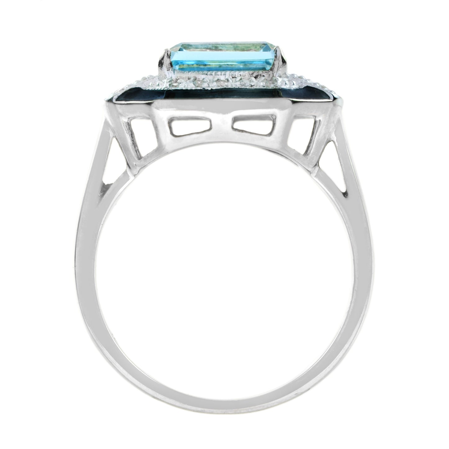 art deco style octagon sky blue topaz & diamond black enamel white gold ring