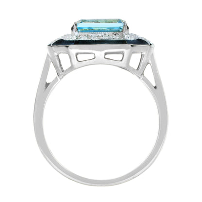 Art Deco Style Octagon Sky Blue Topaz & Diamond Black Enamel White Gold Ring
