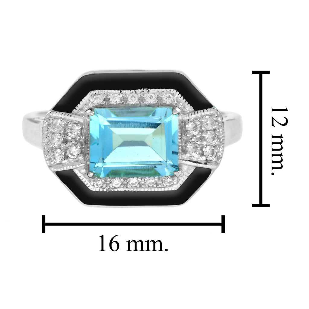 Art Deco Style Octagon Sky Blue Topaz & Diamond Black Enamel White Gold Ring