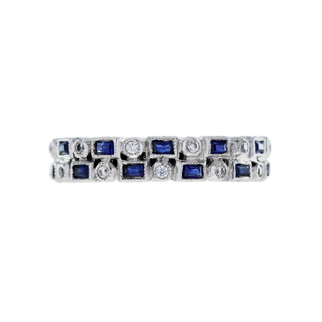 Diamond &amp; Blue Sapphire Art Deco Style Double Row Half Eternity White Gold Ring
