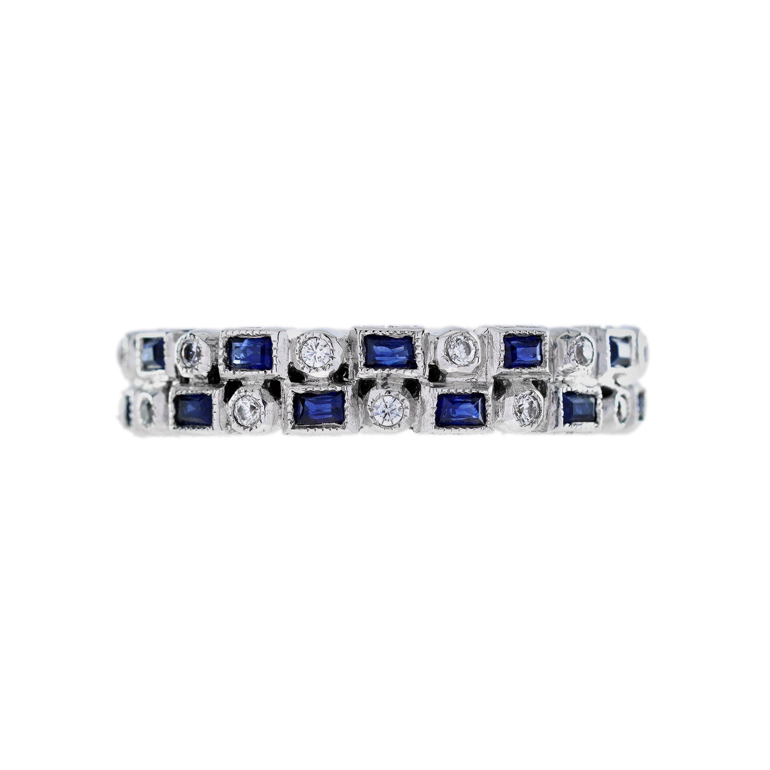 Diamond &amp; Blue Sapphire Art Deco Style Double Row Half Eternity White Gold Ring