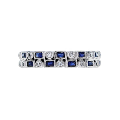 Diamond &amp; Blue Sapphire Art Deco Style Double Row Half Eternity White Gold Ring