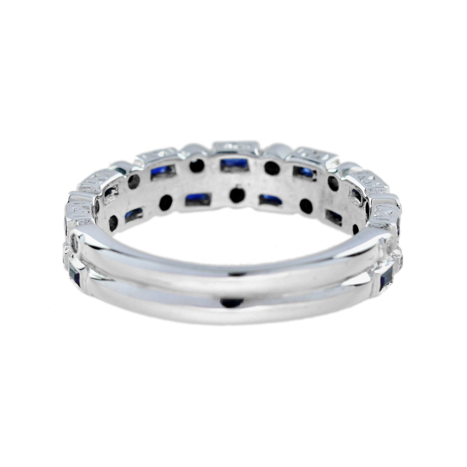 Diamond &amp; Blue Sapphire Art Deco Style Double Row Half Eternity White Gold Ring