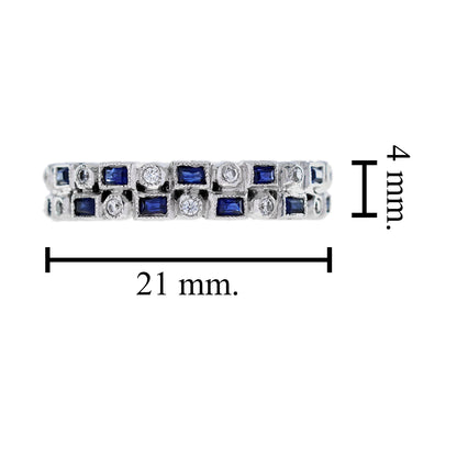 Diamond &amp; Blue Sapphire Art Deco Style Double Row Half Eternity White Gold Ring