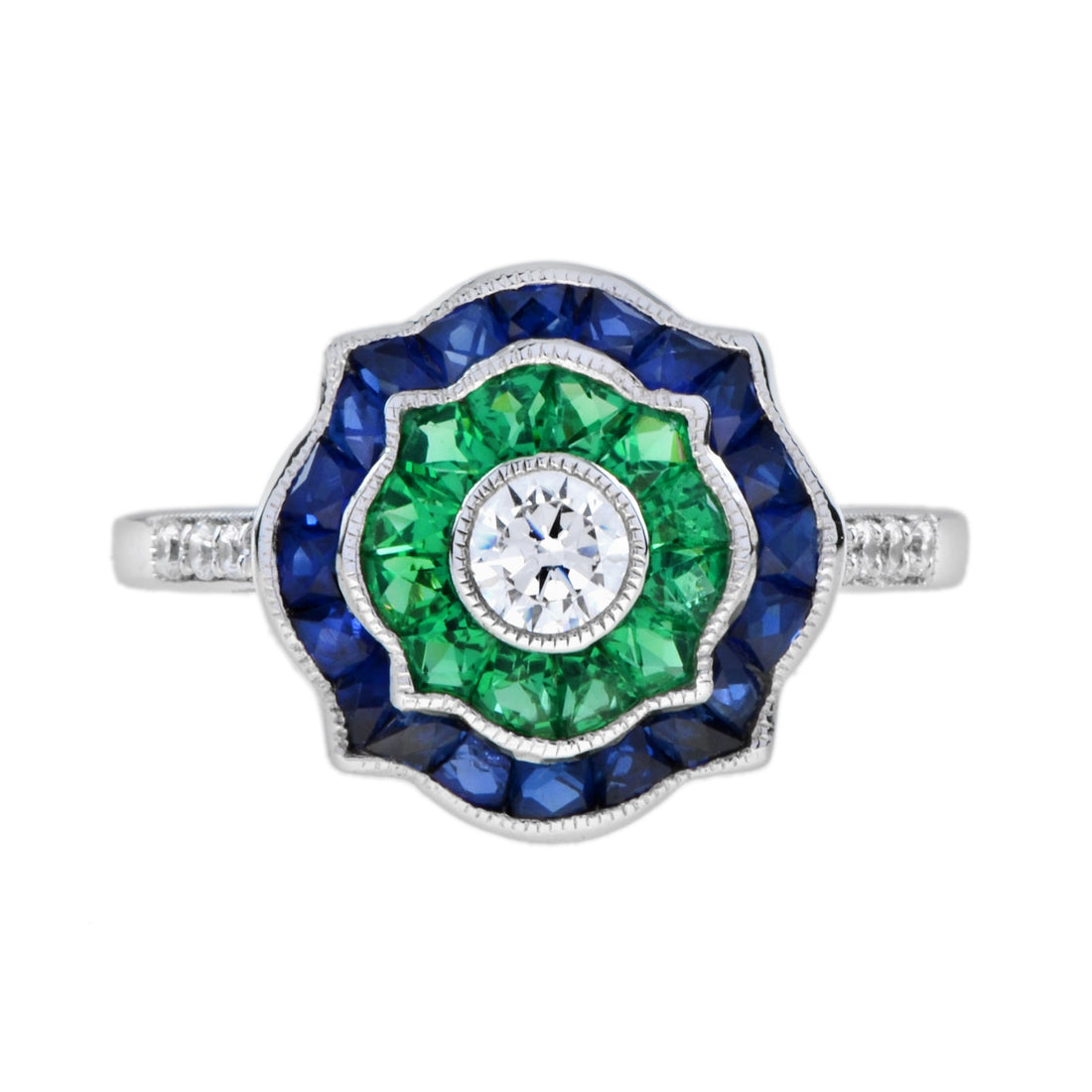 Diamond & Emerald Blue Sapphire Art Deco Style Engagement 14K White Gold Ring