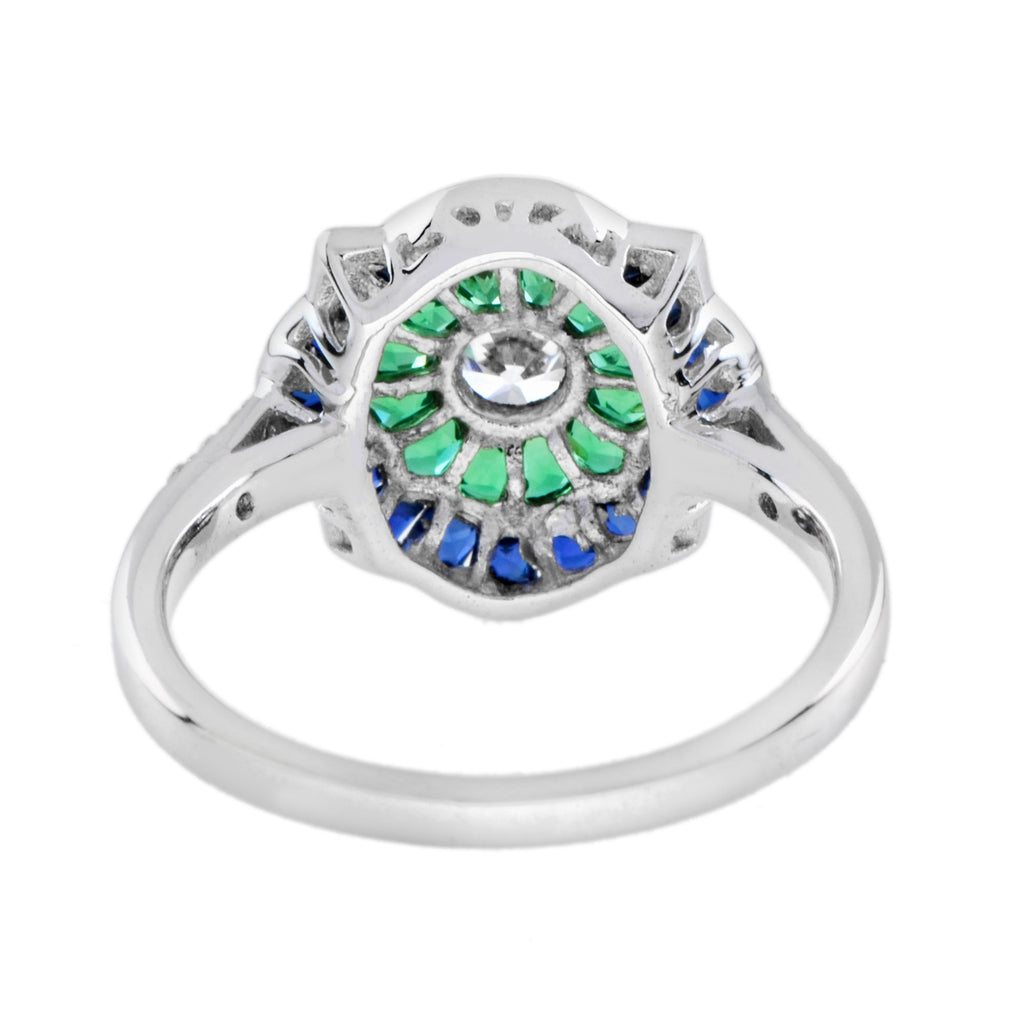 Diamond & Emerald Blue Sapphire Art Deco Style Engagement 14K White Gold Ring