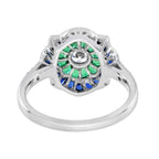 Diamond & Emerald Blue Sapphire Art Deco Style Engagement 14K White Gold Ring