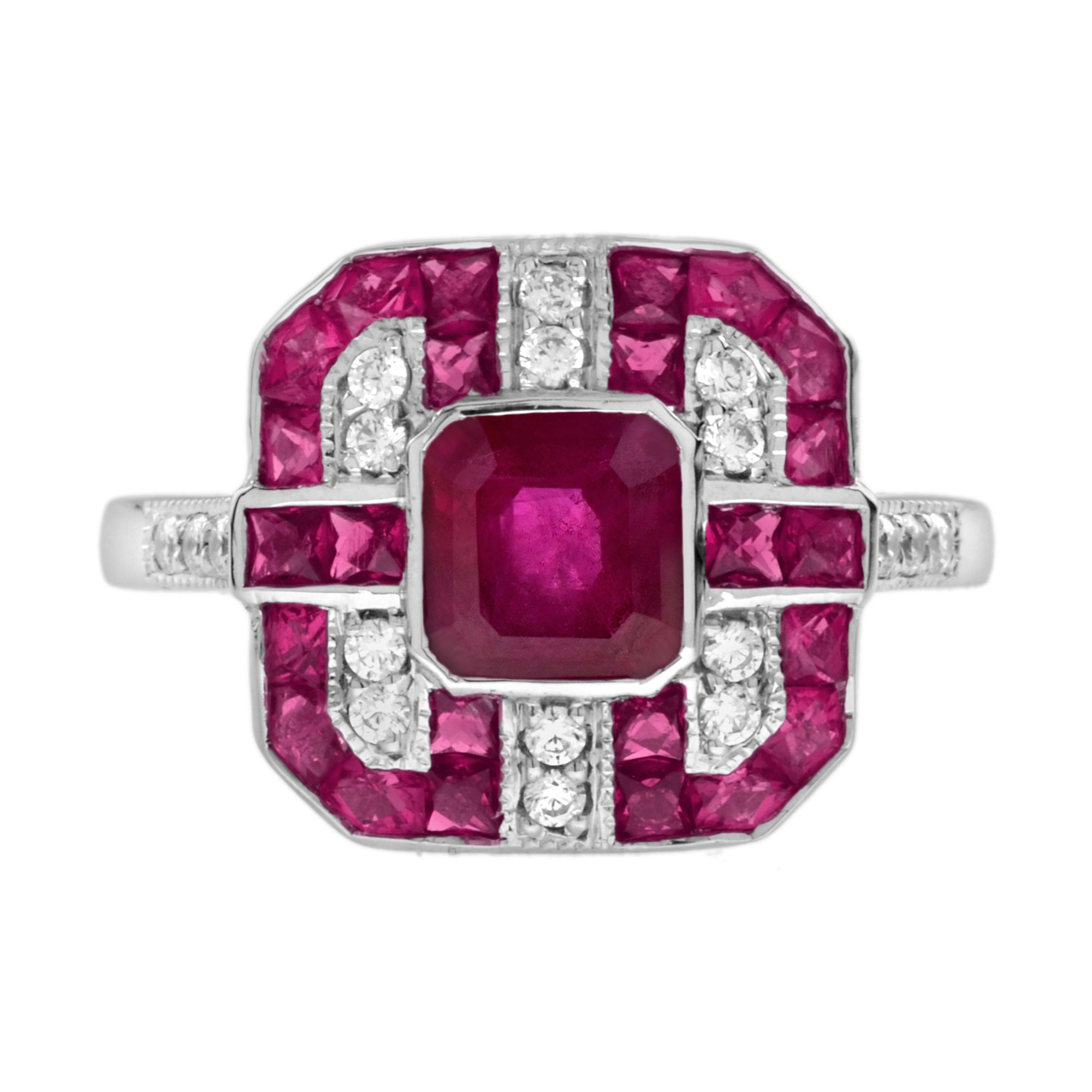 Red Pink Ruby &amp; Diamond Art Deco Style Octagon 14K White Gold Ring